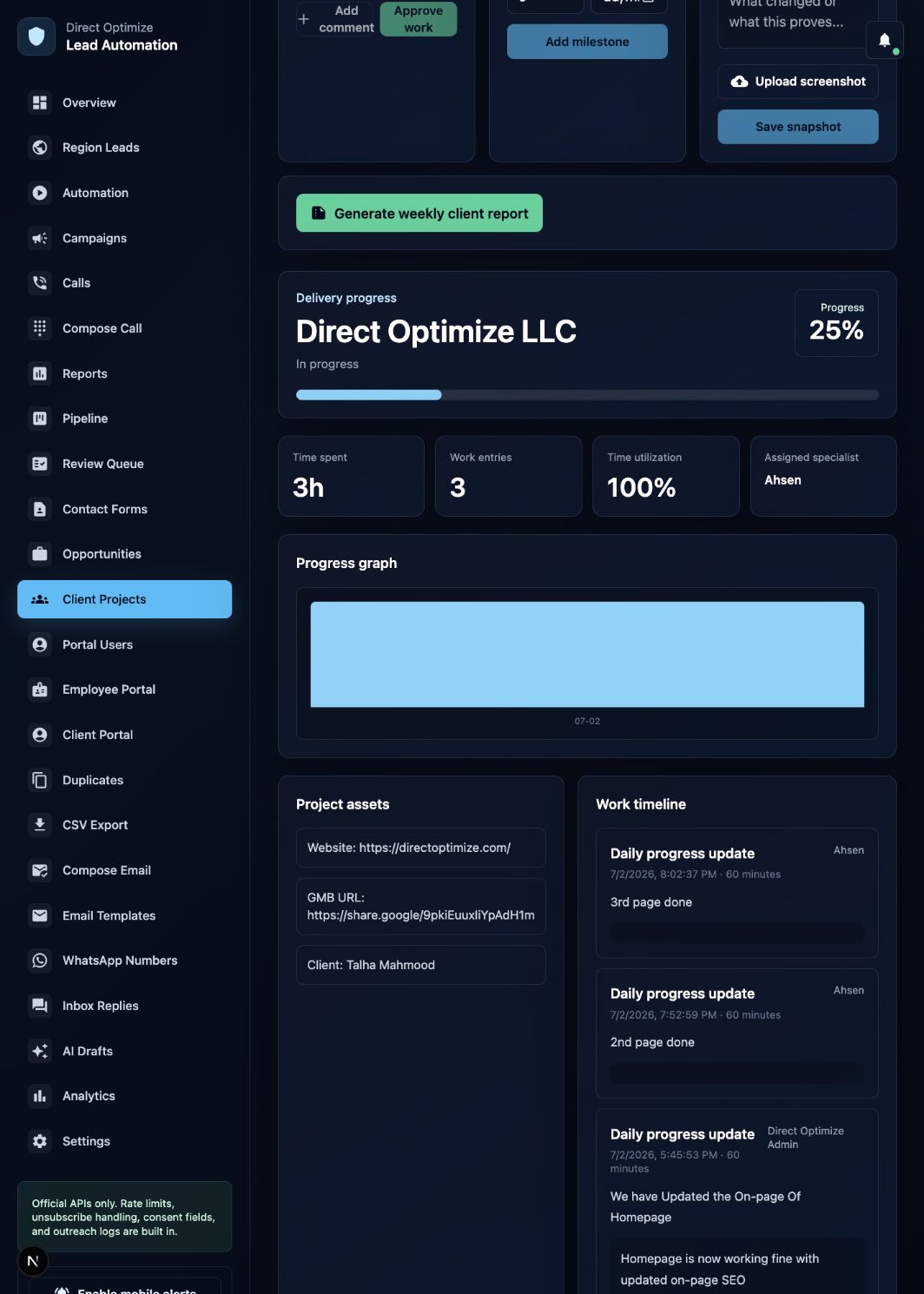 Direct Optimize client portal showing project progress, time and daily work