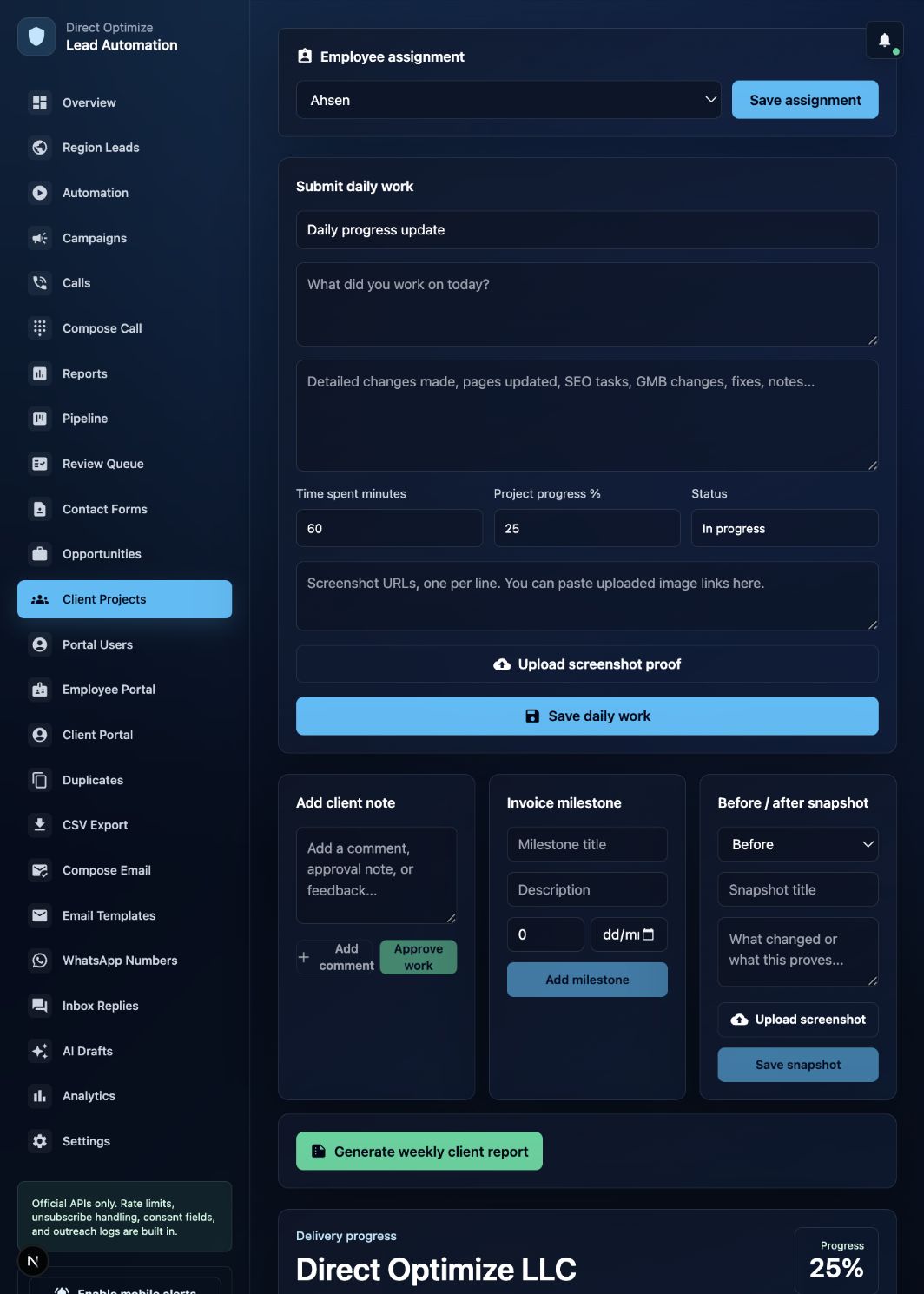 Direct Optimize employee daily work submission workspace showing task list, time tracker, and screenshot upload interface